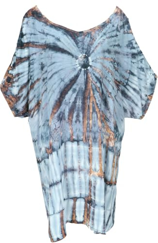 GURU SHOP Abito da batik con spalle scoperte, a maniche corte, da spiaggia, da donna, rosso, sintetico, taglia: 42, Blu, Taglia unica