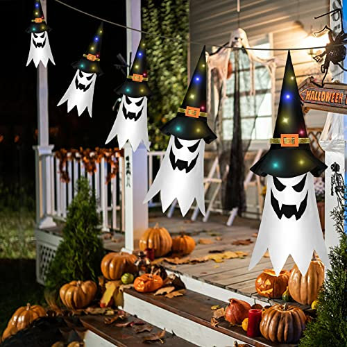 Timiyou Halloween-Deko Garten Outdoor,5 Stück Hängende Geister mit Hexenhut,Halloween Lichterkette Fliegende Geisterhüte mit10 LED Lichtern für Karneval Party Halloween Terrasse Baum Veranda Deko