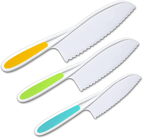 Eruinfang 3-Teiliges Kindermesser Kunststoff Messer Kinder Kinder Schneidemesser Kinder Küchenmesser zum Schneiden ab 2 jahre mit Wellenschneider für Blattsalat, Salat, Kuchen