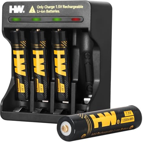 HW 4 Pack Lithium Rechargeable AAA Batteries with Charger, 1.5V 1200mWh Triple A Lithium Ion Batteries, 2.5H Fast Chrge, Long Lasting Power, 1000+ Cycles, Constant Output