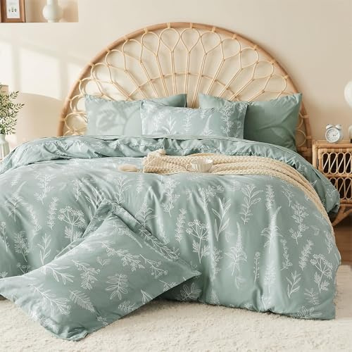 MUXHOMO Duvet Cover King Size, Reversible Floral Green Duvet Cover Set with Zipper Closure, 3 Pieces Botanical Patterns Soft Microfiber Bedding Set (90x104, 2 Pillow Cases 20×36)