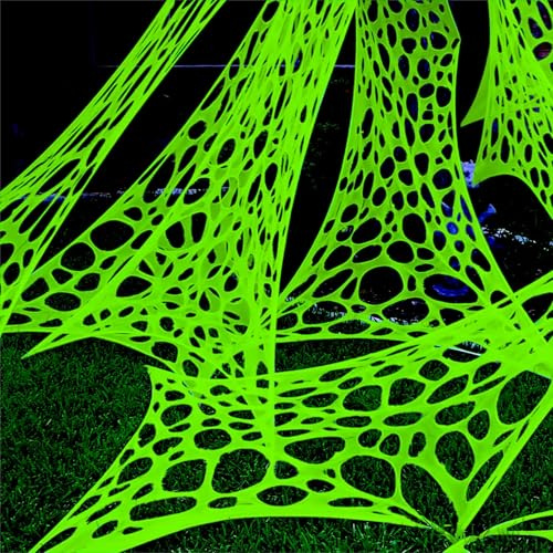 YHFUISK Telaraña gigante duradera de 700 pies cuadrados para decoración de Halloween al aire libre, red elástica de carne de res que brilla en la oscuridad, tela de araña gigante verde para decoración