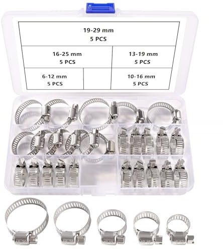 YIXISI 25 Pièces 6-29 mm Collier de Serrage Set, Colliers de Serrage en Acier Inoxydable 304, Tuyau Clips Réglable, pour Tuyaux D'eau, Plomberie, 6-12/10-16/13-19/16-25/19-29 mm