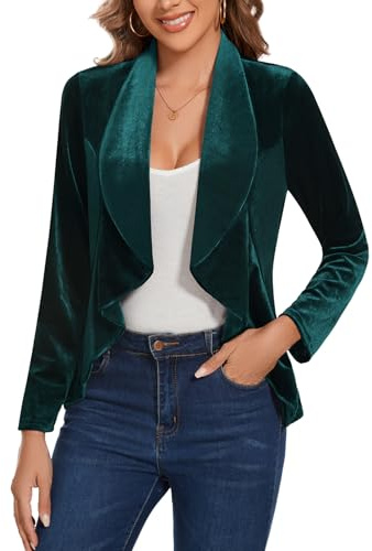 LADI TREND Blazer da donna in velluto, stile retrò, vintage, aperto sul davanti, a maniche lunghe, con volant, sfoderato, vestibilità regolare, per ufficio, riunioni, riunioni sociali, cocktail party