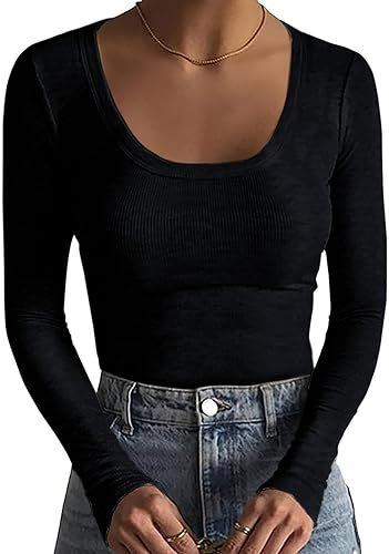 Basicspace Damen Basic Tops Casual Monochrome Stretch Geripptes Langarm T-Shirt Mode Leichtes Schwarz (Schwarz, S)