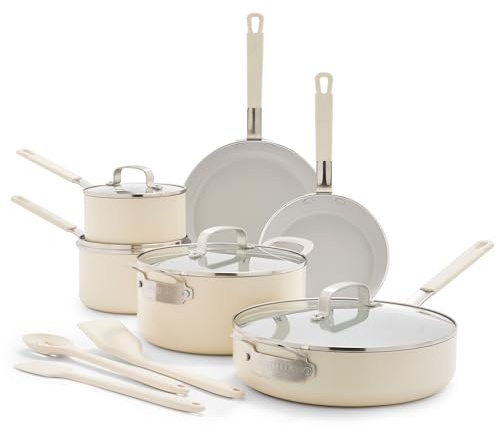 GreenPan Bobby Flay - Set di pentole e padelle, 13 pezzi, in alluminio di grado professionale, in ceramica antiaderente senza PFAS e PFOA, adatto a induzione, manico in silicone resistente al calore,