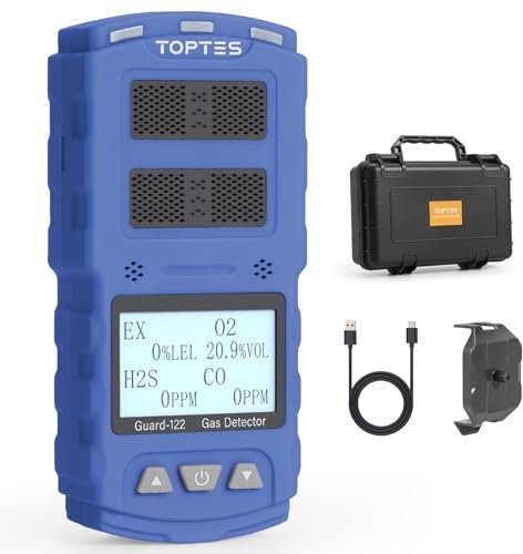TopTes Guard-122 Détecteur de Gaz 4-en-1 pour H2S, CO, Lie, O2, avec Triple Alarme, réponse Rapide en 20s, Anti-poussière et antidéflagrant pour la sécurité