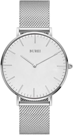 BUREI Ultradünne Damenuhr Minimalistisches Japanisches Klassisch delstahl Armbanduhr Damen Geschenke für Frauen (sliber, 34mm)