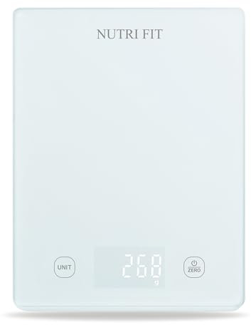 NUTRI FIT Bilancia digitale da cucina in vetro temperato, grande display LCD, unità in g ml per cucinare la cottura, precisione 3kg-1g, 3 batterie AAA, bianco