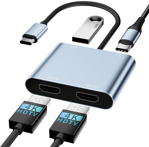 USB C to Dual HDMI Adapter, 4 in 1 HDTV Splitter for Du-al Monitors 4K, PD 100W,USB 2.0, Du-al HDMI A-dapter for 2 M-onitors HDTV Dual Monitor Adapter for iPad,MacBook Pro/Air, Dell, Chromebook
