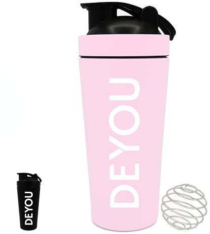 DEYOU Edelstahl Shaker 750ml mit Sieb & Edelstahl Kugel – Auslaufsicher, BPA-frei, Spülmaschinenfest – Fitness - für Protein, Proteinpulver, Eiweißshake & Sportgetränke (rosa)
