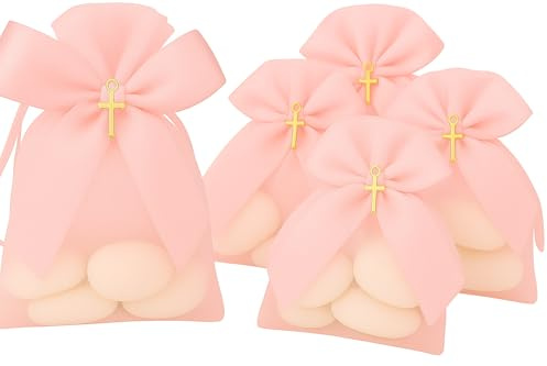 Lot de 25 Pochettes en Organza Rose Croix Dorée – Sachets à Dragées, Cadeaux Invités Baptême Naissance– Contenant Bijoux, Bonbons, Souvenirs – Élégant et Réutilisable