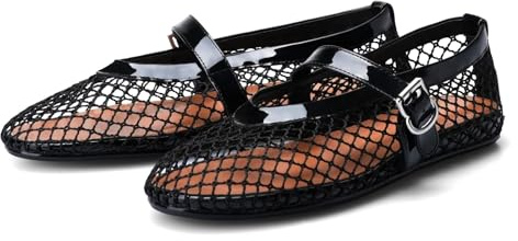 Aria Luxe Mesh Ballet Flats for Women Fishnet Ballerina Flats Buckle Strap Mesh Ballet Shoes Wide Width Casual Summer Dress Flat Shoes(Black,4 UK)