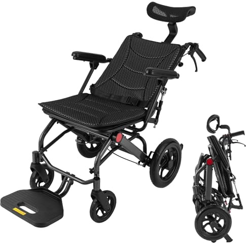 Faltbarer Transportrollstühle, Rollstühle mit Selbstantrieb, Aluminium Reiserollstuhl mit Fußstütze und Verstellbereich der Rückenlehne: 90°-175°, Reiserollstuhl für Erwachsene Senioren, bis 130kg