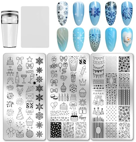 PH PandaHall 3pcs Christmas Nail Stamping Plate Snowflake Nail Art Templates Bow Cake Gift Fireworks Stencils Stainless Steel Image Plates Tool for Birthday Christmas Thanksgiving Holiday Winter