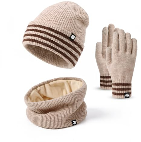 Baynetin 3-i-1 vinterset mössa hatt halsduk handskar | termisk stickad mössa med kuvertkant + fleecehalsduk och pekskärmshandskar | Stretchigt vindtätt set för kyla, kaki, Einheitsgröße