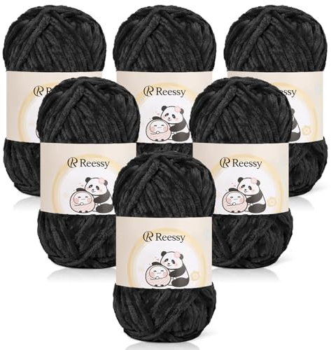 Reessy Chenille Yarn 600g, Chunky Chenille Yarn for Crochet&Knitting-Black | Super Soft Fluffy Velvet Yarn, Chunky Knitting Wool Thick Yarn for Crochet Blanket, Amigurumi, Handbag, Hat, DIY Crafts