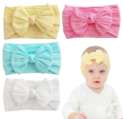 4 diademas turbantes para bebé, diademas de nailon para bebés y niñas, lazo suave, diadema elástica para recién nacidos, niños pequeños (rosa, blanco, azul, amarillo)