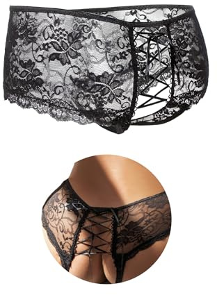 comeondear Lace French Knickers for Women, Sexy Cutout Cheeky Panties Back Lace-up Underwear Shorts Floral Patterned Thong Valentines Lingerie for Honeymoon Night Black, UK Plus Size 12 14