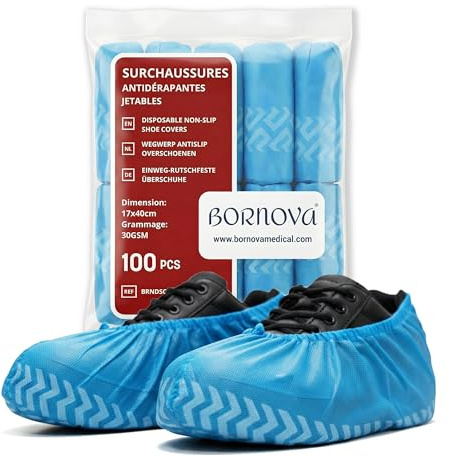 BORNOVA – Sopraccarpe usa e getta antiscivolo 30GSM – Copriscarpe in tessuto non tessuto resistente – ideale per la salute, visite a casa, casa pulita, studi medici, azzurro, 17 × 40 cm
