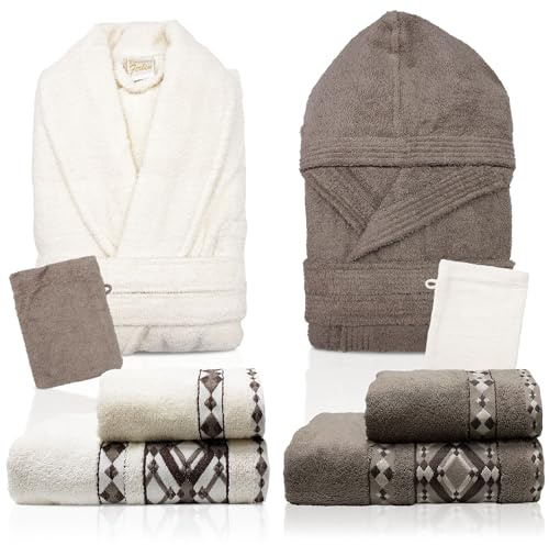 Nada Home Ensemble complet de salle de bain 8 pièces en éponge 100% coton avec 2 peignoirs homme femme, serviettes visage/invité et poignées – Idée cadeau dans une mallette