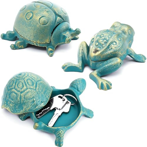 WUWEOT Set of 3 Outside Key Hider, Cast Iron Turtle Frog Ladybug Hidden Key Holder, Secret Antique Jewelry Trinkets Box Keys Hidden for Outdoor Garden Yard Patio Decor (Green)