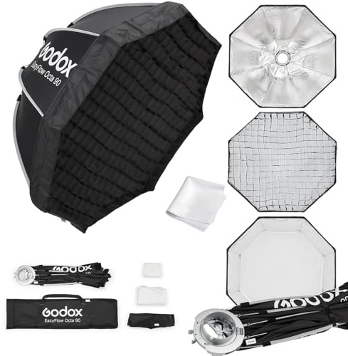 Godox EazyFlow 90 cm Quick-Release Octabox med bikakegaller, åttkantig softbox med Bowens Mount för mjukt ljus, perfekt för halvkroppsporter, YouTube-vlogs och studio+