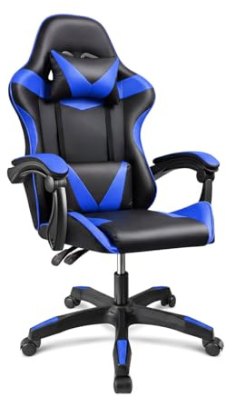 duehome | Silla Gaming Ergonómica Reclinable con Cojín Lumbar y Cervical, Ruedas 360°, Modelo Viper, Acabado en Negro y Azul, Medidas: 56 cm (Ancho) x 53 cm (Largo) x 117-128 cm (Alto)
