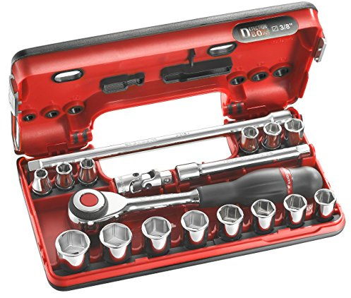 FACOM 3/8 Zoll Werkzeugsortiment mit Umschaltknarre, mit 360° Drehgriff, mit Steckschlüsseln, 6 Kant, 21 Teilig, im Kompakten Kasten, 1 Stück, J.360DBOX1