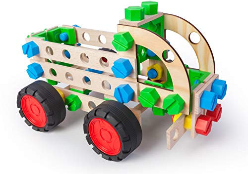 A ALEXANDER 2155 Constructor Junior 3 in 1 Set Lastwagen Bausatz, 95 Teile Holzbaukasten LKW, Experimentierkasten mit Holz und Kunststoff Elementen, Konstruktionsspielzeug für Kinder ab 4 Jahren