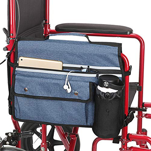 Rollstuhl-Organizer-Aufbewahrungstasche, doppelseitige Armlehnentasche mit Becherhalter und Reflektorstreifen, für Rollstühle und Gehhilfen (Blau)