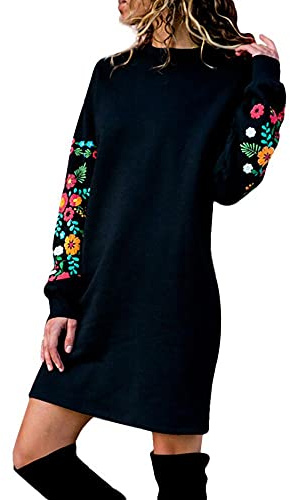EMATOP Abito a maglia da donna, abito lungo invernale, maglione, autunno, inverno, caldo, mini abito da sera, lunghezza al ginocchio, casual, alla moda, con ricamo, elegante abito da festa, Nero , S