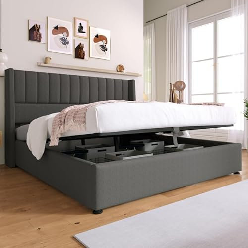 Stauraumbett 180x200cm, Polsterbett Hydraulisch Doppelbett, Lattenrost aus Holz, Bett mit Lattenrost aus Metallrahmen, Erwachsenen- und Jugenddoppelbett,Leinen (Ohne Matratze) (Grau, 180 x 200 cm)