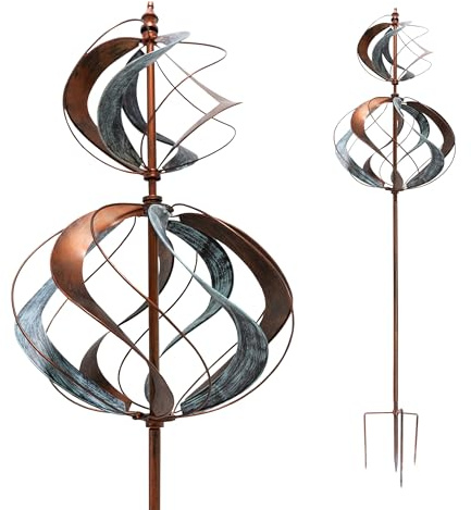 LEMODO Windrad Tulip mit gegenläufigen Rotoren | Gartendeko in 3 Höhen aufbaubar | Gartenstecker 213 cm hoch | Windmühle in Kupferoptik | Windskulptur mit Charme