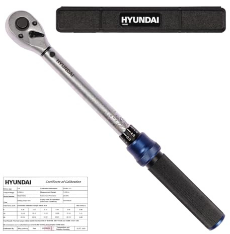 HYUNDAI Drehmomentschlüssel TW59563, 3/8 Zoll, Bereich 10 – 60 Nm, Genauigkeit ±3%, 72-Zähne, Aufbewahrungsbox, Kalibrierzertifikat, Torque Wrench für Motorrad & Fahrrad