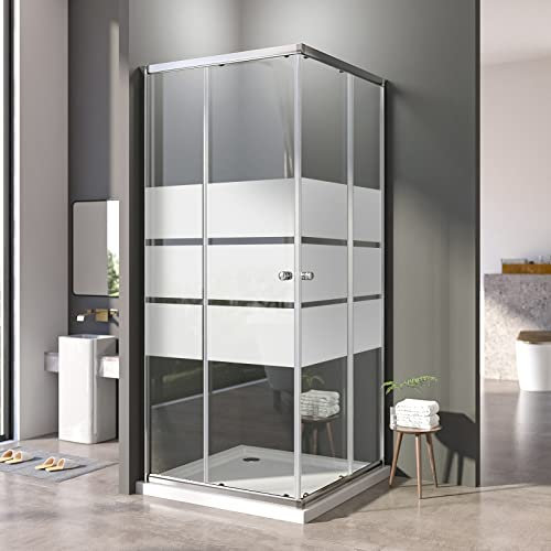 Duschkabine 90x90x185 cm Eckeinstieg Dusche Doppel Schiebetür Duschabtrennung mit Gestreift 6mm ESG Glas Komplettdusche,Silber
