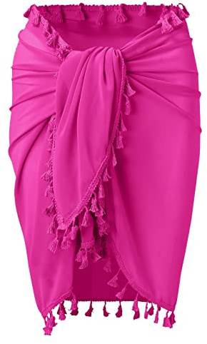 Women Beach Sarong Cover Up with Tassel Beachwear Skirts Summer Holidays Wrap Dress Swimsuit Bikini Cover Ups Hot Pink