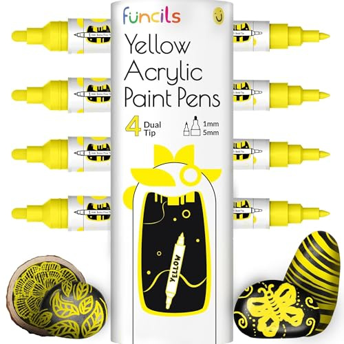 Funcils 4 rotuladores acrílicos Amarilla para piedras, vidrio, madera y lienzo - Marcadores Doble punta con punta de 1mm,5mm. Los bolígrafos acrílicos son ideales para adultos y niños.