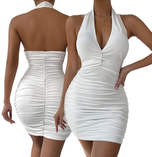Hanaoops Womens Sexy Mini Dress Deep V Neck Ruched Halter Bodycon Dresses Sleeveless Backless Short Dress Summer Party Night Out Club Tank Dresses