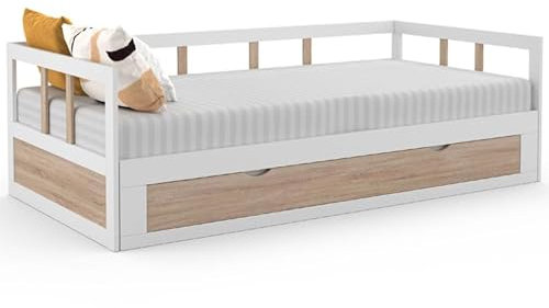 IDMarket - Lit Banquette 90 x 190 cm Zoya Convertible 180 x 190 cm Blanc et hêtre avec 1 tiroir de Rangement