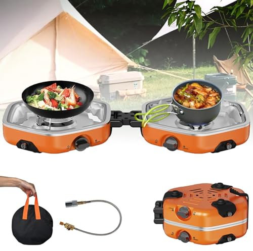 Foldable Camping Gas Stove, 2 Burner Table Cooktop Gas Cooker Stove with Grill, 2 Adjustable Knobs & Piezo Ignition, Outdoor Butane Double Burner Gas Camping Stove for Cooking, Hiking,Trekking, Picnic
