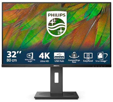 Philips 32B1N3800 Monitor 32 UHD, WLED, 60Hz, VA, 4 ms GtG, Adaptive Sync., TUV Eye Comfort, Altavoces, Altura Ajustable (3840x2160, 2X HDMI 2.0, 1x DP 1.4, USB-Hub) Negro