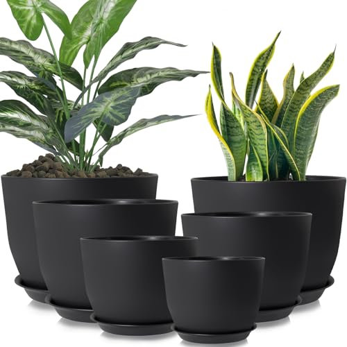 Duscdesp 18/16/14/13/11/10CM Plant Pots Indoor Outdoor 6 Pcs Plastic Plant Pot,Large Plant Pot Indoor with Drainage Holes and Tray,Plants Flower Pot for Home Garden(Black)