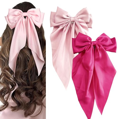 2PCS Big Bow Hair Clips - French Hair Clips - Soft and silky with long satin ribbon - Perfect as pink bow, hair bow, and hair accessories - Suitable for women (Pink and Hot Pink)