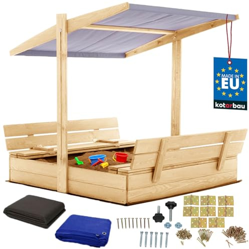 KOTARBAU® Sabbiera per Bambini - Legno di Pino - 120 x 120 cm - Naturale - Sabbiera con Coperchio - con Tetto Grigio e Sedute - da Esterno Giardino - Protezione Sole Pioggia