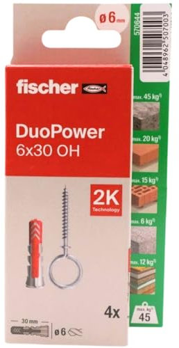 fischer - Duopower 6 x 30 avec broche fermée - 4U, chevilles murales multi-matériaux, pour accrocher des vélos, des cadres, des armoires, des supports de télévision, des étagères, des meubles.