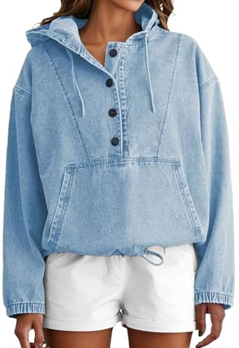 Damjacka i denim med knäppning, jean-pullover med huva | Denim huvtröja jacka, knappup-design, dragskohuva, lätt långärmad vardaglig pullover