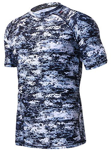 HUGE SPORTS Men's UV Sun Protection UPF 50+ Full Digital Print Rash Guard Short Sleeves (Pixel Light, M)