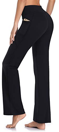 HISKYWIN Side Pockets Yoga Pants 4 Way Stretch Tummy Control Workout Running Pants, Long Bootleg Flare Pants HF201-Black-M