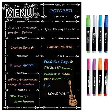 Magnetic Menu Board for Fridge, LiebHome Dry Erase Weekly Menu Planner/Family Calendar 16 x 12 with Grocery List and Notes (Black with 8 Markers)
